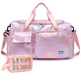 Small Gym Bag for Women, Travel Duffle Bag Carry On Weekender Bag with Shoe Compartment, Z6#Pink Shinny, Gym Bag&toiletry Bag