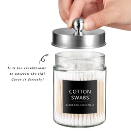 SheeChung Qtip Dispenser Holder 4pcs, Glass Apothecary Jars with Stainless Steel Lids &Stickers, Countertop Canister Guest Bathroom Storage Organizer Set for Cotton Swabs, Floss Picks(Brushed Nickel)