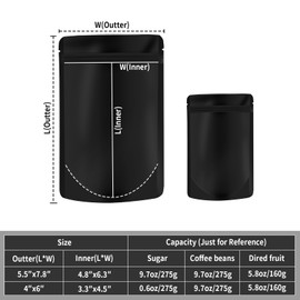 ODDIER 5.5"x7.8" 120pcs Smell Proof Mylar Bags for Food Storage, Stand-up Resealable Mylar Bags Light Proof Food Storage Bags, Foil Pouch Stand-up Bags for Food Self Sealing Storage(Black)