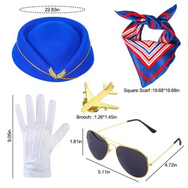YANGSHINE Women's Flight Attendant Costume Accessories Stewardess Cosplay Outfits with Air Hostess Hat Sunglasses Scarf Gloves Pins (Blue)