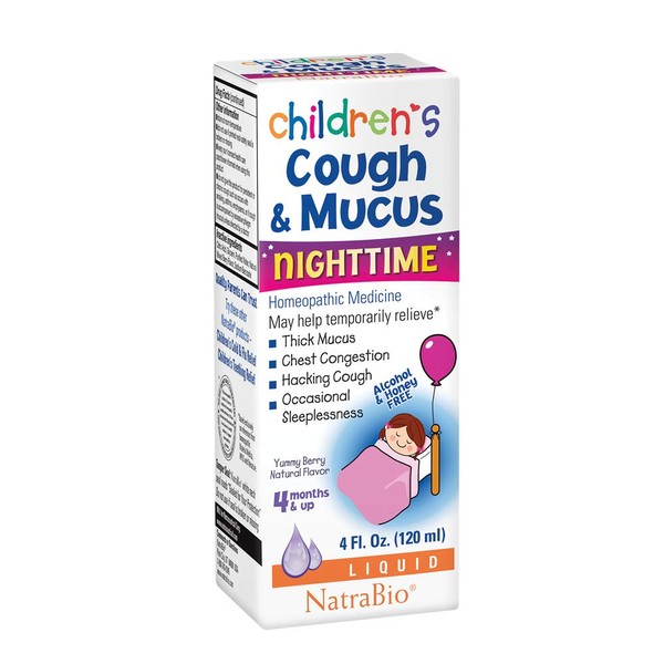 NatraBio Childrens Cough & Mucus Nighttime | Homeopathic Relief for Cough, Congestion | Ages 4+ Months | 4oz, 47 Serv.