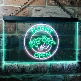 Florist Shop Open Dual Color LED Neon Sign White & Green 12" x 8.5" st6s32-i0133-wg