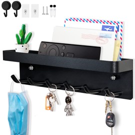 Echehi Key Holder with 6 Hooks, Easy to Install Key Holder, No Drilling, Metal Key Rack, Coat Rack, Letter Stand, Suitable for Entrance Areas and Behind Doors, Black