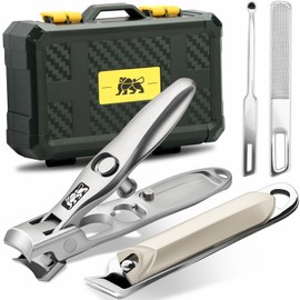 DIGNITY Nail Clippers with Catcher and Safety Lock,Wide Jaw Opening,Thick Fingernail Toenail Clipper Set, Slanted Edge Nail Clippers,Ear Picker,Nail File,for Men Women Seniors,with Case,4 Pcs Set