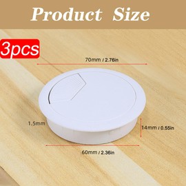 3 x Cable Grommet Desk, Cable Pass 60 mm Desk, Cable Guide for Push-in Cable Box, Stainless Steel White Painted 60 mm, for Desks, Office and Worktops