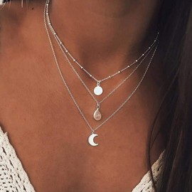 TseenYi Bohemian Necklace Multilayer Fashion Moon Water Drop Sequin Pendant Beads Choker Silver Clavicle Chain Boho Jewelry for Women and Girls