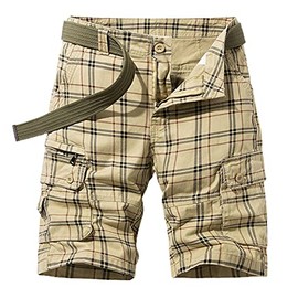 chouyatou Men's Summer Cool Multi-Pocket Straight Leg Utility Plaid Cargo Shorts (28, Khaki)