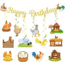 Chicken Farm Birthday Banner Gold Glitter with Hanging Swirls Stickers, Chicken Farm Birthday Decorations for Chick Hen Themed Party Decor