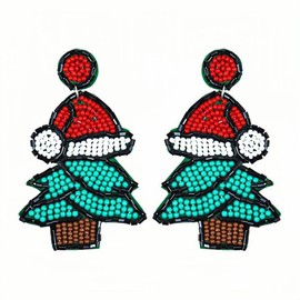 Christmas Beaded Earrings Handmade Christmas Tree Hat Dangle Drop Earrings