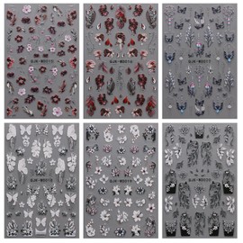 JMEOWIO 6 Sheets Black White Flower Nail Art Stickers Decals Self-Adhesive Spring Summer Floral Nail Supplies Nail Art Design Decoration Accessories