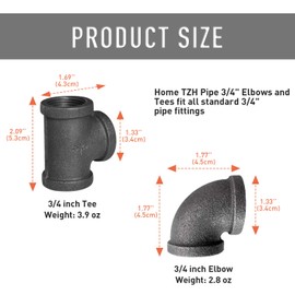 3/4" Black Painted Pipe Fitting Tee & Elbow, 10 Pack Cast Iron Pipe Elbow/Tee for Steampunk Vintage DIY Pipe Decor Project/Furniture/Shelving Decoration (10, 3/4" Black Painted(5 Elbows, 5 Tees))