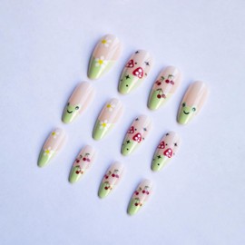 BABALAL Press on Nails Medium Almond Fake Nails Green French Tip Glue on Nails Frog Cute Acrylic Nails 24Pcs Kawaii False Nails Manicure Stick on Nails Stiletto Glossy Gel Nails