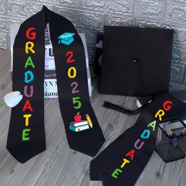 YLOLUL 2 Pcs Preschool Printed Graduation Stole 2025 Preschool Sash Kindergarten Graduation Gifts Unisex Stole Sash for Kids, Black, 150CM
