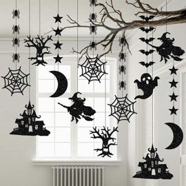 SPDCOW Decoraciones de Fiesta de Halloween Negras con Purpurina, Colgantes de Bruja, murciélago, araña, casa embrujada, Estrella, Luna, hogar, Oficina