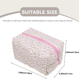 FITINI Makeup Bag Travel Large Portable Quilted Floral Print Cosmetic Organizer Cute Pouch for Women Soft Cotton Zipper Waterproof Toiletry Storage Bags, M-Quilting Pink Flower, Quilted