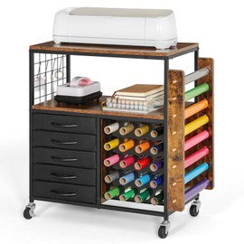 LUCKUP Organization and Storage Craft Table for Cricut Machines, Rolling Cart Cabinet with 28 Vinyl Roll Holders and 5 Drawers, Heat Press Stand Crafting Storage Cart with Hooks, Black (Black)