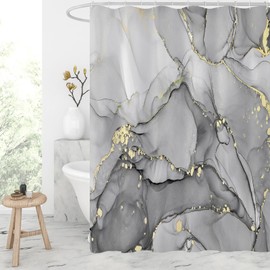Gibelle Long Shower Curtain 72 x 78, Abstract Grey Marble Fabric Shower Curtain, Modern Ink Art Waterproof Bathroom Shower Curtain Set with Hooks