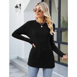 Famulily Ladies Long Sleeve Tops Autumn Plain Casual Loose Crew Neck Jumpers for Women UK Size 14 Black L