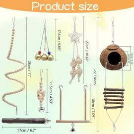 Pack of 7 Bird Toy Budgies Toys, Coconut Bird Cage Toy with Ladder, Bird Cage Accessories, Standing Perch, Hammock, Climbing Ladder for Parakeets, Cockatiels, Budgies