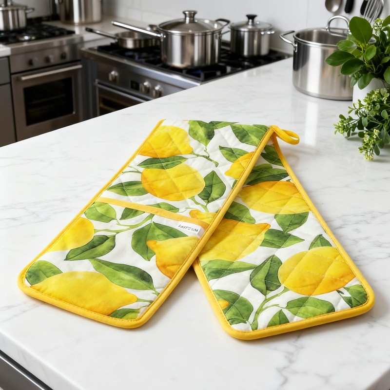 Double Oven Gloves Heat Resistant Yellow Ovens Mitt Cotton Potholders