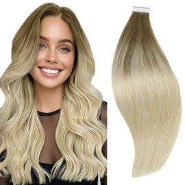RUNATURE Tape Extensions Real Hair Ombre Blonde Balayage 45 cm Extensions Real Hair Tape Brown Ombre Blonde Balayage 20 Pieces 50 g Real Hair Extensions Tape Invisible Hair Extensions #BA8/60