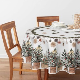 Horaldaily Christmas Tablecloth 90×90 Inch Round, Christmas Trees Ball Ornaments Washable Table Cover for Party Picnic Dinner Decor