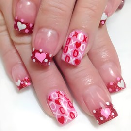 24Pcs Valentines Press on Nails Short Square-Red French Tip Fake Nails with Glitter Glue on Nails Full Cover Red Pink Heart False Nails Glossy Acrylic Nails for Women Girls Valentine Manicure