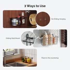 MaraFansie Hanging Kitchen Baskets Wire Storage Basket Adhesive and Screws Basket Over the Cabinet Door Organizer with Adhesive Strips and Screws Accessories, 2 Pack, Black
