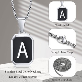 Hisatan Initial Necklace for Men Women, A-Z Letter Pendant Necklaces Black Silver Square Capital Mens Stainless Steel Monogram Alhpabets Charm Gifts Jewelry, 24 inch Box Chain