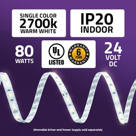 HitLights 24V LED Strip Lights 2700K 26.2ft cuttable Tape Backed 3oz PCB – UL Listed, 6 Year Warranty, 1325 lumens per Meter, 95+ CRI, Indoor Rated with Universal connectors Included