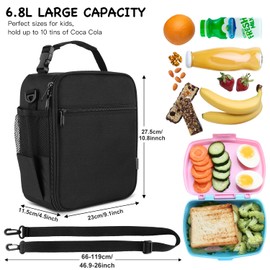 hombrima Kids Insulated Lunch Box Bag, Thermal Picnic Cool Bags with Adjustable Strap for Adults Children Women Men Boys Girls School Work(Black)