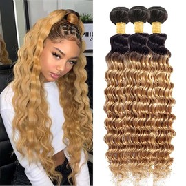 Biliisyff Honey Blonde Deep Wave Bundles 1B27 Ombre Bundles Blonde Deep Wave Bundles Soft Virgin Wet And Wavy Bundles 100G/Pcs 8A Grade Brazilian Honey Blonde Bundles for Black Women (14 16 18 Inch)