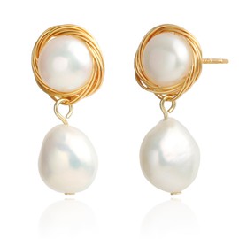 14K Gold Plated Handmade Wire Craft Cultured White Baroque Pearl Dangling Drop Earrings for Women Trendy