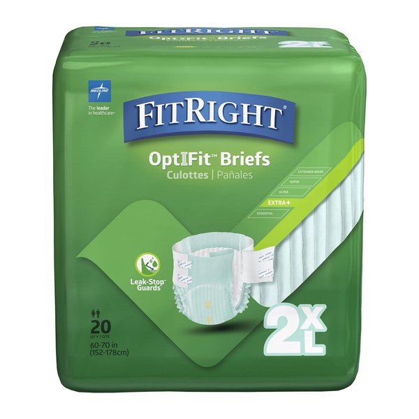 FitRight OptiFit Extra+ Adult Diapers with leak stop guards, Disposable Incontinence Briefs with Taps, Moderate Absorbency, XX-Large, 60"-70", 20 Count