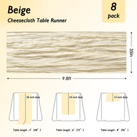 Fixwal 8 Pack Ivory Cheesecloth Table Runners, Beige Pleated Boho Gauze Table Runner, Long Semi-Transparent Table Decorations for Parties, Showers, Birthdays and Weddings(35x120 Inch)