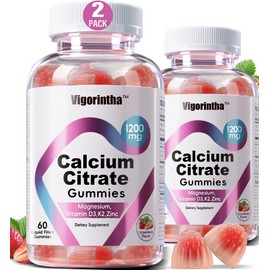 Calcium Citrate Gummies 1200mg with Magnesium,Vitamin D3, K2, Calcium Supplements for Women & Men- Easy to Digest, Vegan, Gluten Free,Sugar Free- Strawberry Flavor, 120 Calcium Gummies