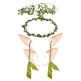 Flower Crown Wreath Boho Greenery Leaf Crown with 2 Pairs Elf Ears Dress Up Costume Cosplay Photo Props (White Green Leaf and Elf Ear)