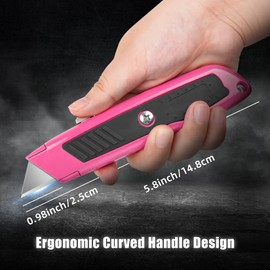 DIYSELF 2 Pack Box Cutter Retractable Heavy Duty Utility Knife, Ergonomic Razor Knife for Warehouse, Office, Exacto Knives Box Opener for Package, Cardboard (Pink)