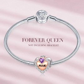 FOREVER QUEEN Love Heart Mom February Birthstone Charm for Bracelet 925 Sterling Silver Mom Charms Bead for Bracelet, Best Birthday Gift for Mom With Jewelry Box
