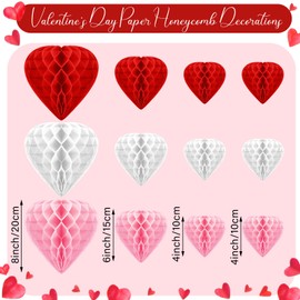 Beeveer 12 Pcs Valentine's Day Hanging Decorations Heart Shaped Honeycomb Balls Paper Pom Poms Heart Shape Hanging Pendant for Photo Backdrop Decorations Bridal Shower Birthday Wedding Party Decor