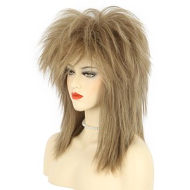 karlery Women Men Long Curly Light Brown Wig with Necklace 70s 80s Rocker Mullet Costume Wig Halloween Cosplay Party Wig