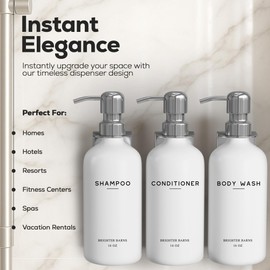 Luxury Shampoo and Conditioner Dispenser Set Wall Mounted by Brighter Barns - Refillable Shampoo Dispenser for Shower Wall - Shower Bottles 3 Chamber No Drill for Guest Bathroom, Airbnb, Hotel (White)