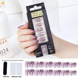 Withered Hnad Press On Nails - Semi-Transparent Glitter Short Square False Nails, Reusable Stick On Fake Nails with Glue | Salon Quality - 24 Nails Kit