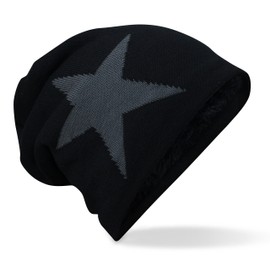 PiriModa Women's Men's Knitted Slouch Beanie Hat Braided Pattern Star Winter Hat, Black/Grey Star