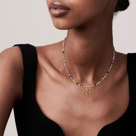 Yifnny Colourful Pearl Necklace with Letters, Cute Necklace Gold Initial Pendant Necklace Bohemian Initial Necklace Colourful Pearl Necklace Beach Jewellery for Women, Stainless Steel, No Gemstone