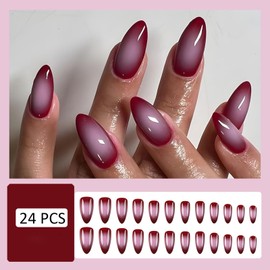 Red Gradient Press on Nails Almond Fake Nails with Designs Sweet Red False Nails Glossy Stick on Nails Acrylic Nails Full Cover Nail Tips for Coquette Women, 24Pcs Reusable Fake Nails Kit