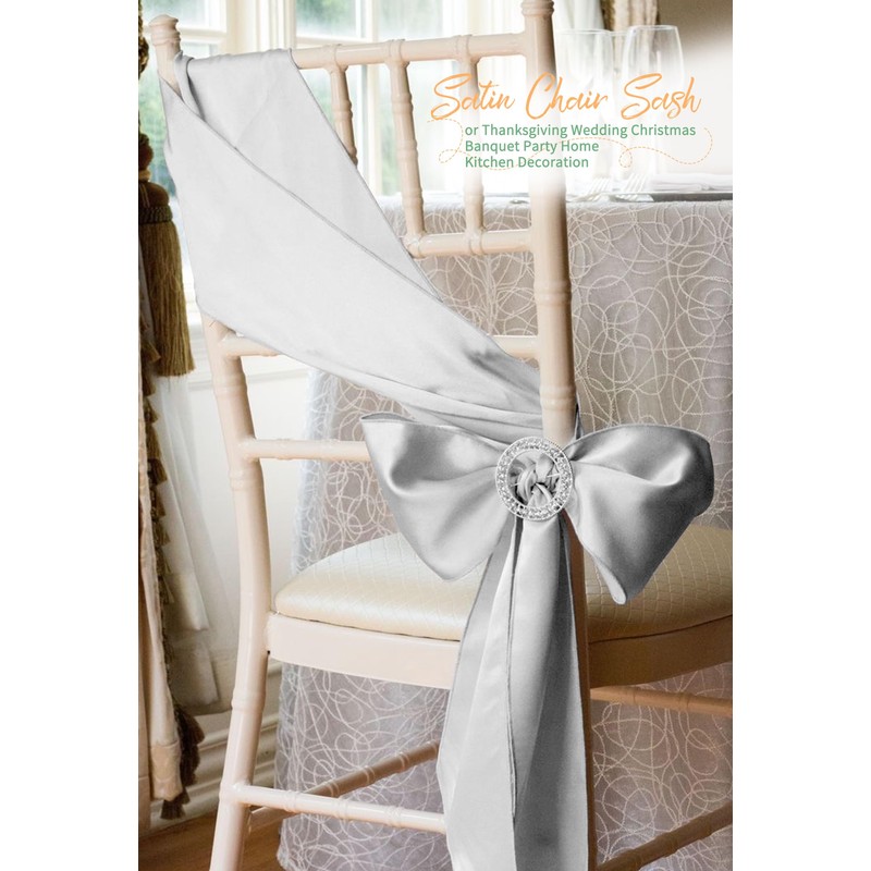 120 PCS Silver Satin Chair Sashes, 7 x 108 Inch
