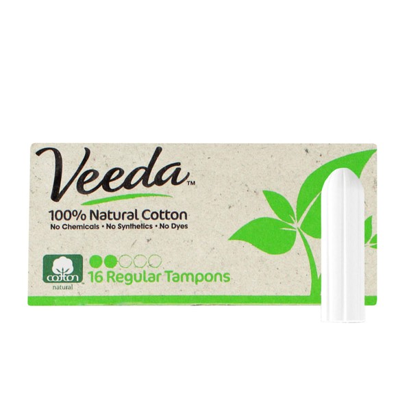 Veeda 100% Natural Cotton Applicator Free Tampons Super Absorbent Comfort Digital Regular Tampons Chlorine Toxin and Pesticide free, 16 Count