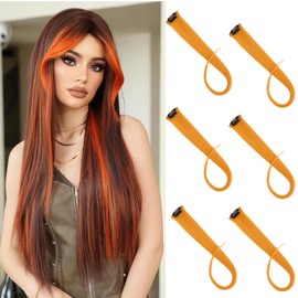 18 Inch High light Clip in Human Hair Extensions 100% Straight Clip on Party Highlights Colored Hair Extensions 6 Pieces/set (Orange)