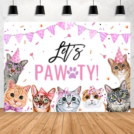Aperturee 7x5ft Cute Cats Happy Birthday Themed Backdrops Let's Paw-ty Pet Cats Pink Girl Photography Background Birthday Banner for Puppy Bday Party Photo Booth Props Party Decorations